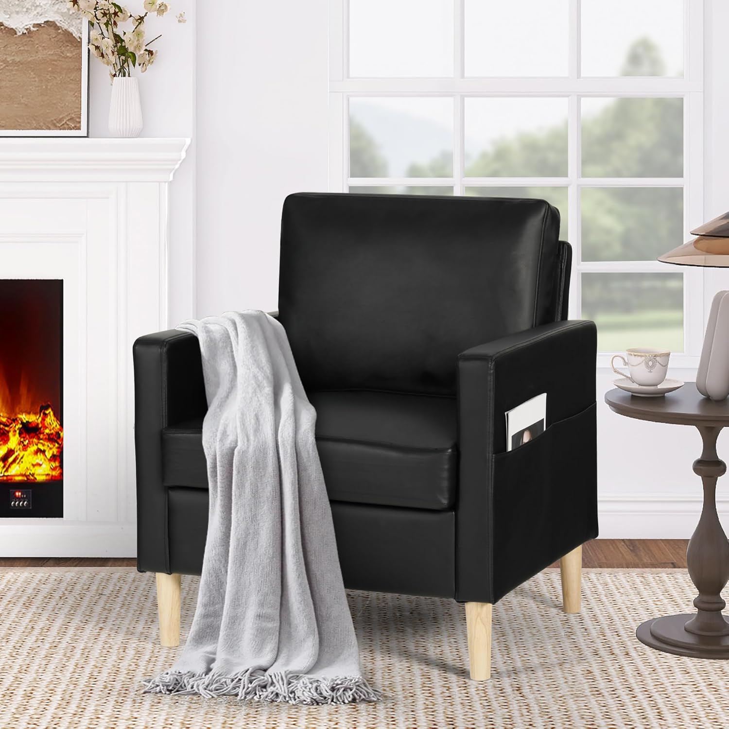 TYBOATLE Leather Chair w/Armrest Pockets, Solid Wood Accent Chair, Mid Century Modern Living Room Chairs, Comfy Waiting Room Chairs for Bedroom, Office, Black