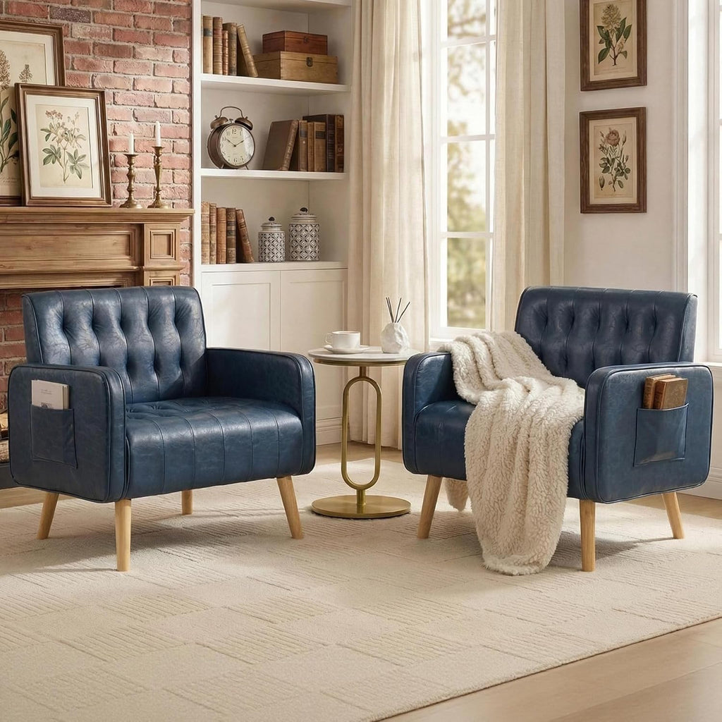 TYBOATLE Leather Accent Chair Set of 2, Mid-Century Modern Living Room Chair with Pocket and Wooden Legs, Tufted Cozy Office Reading Chair, Armchair for Living Room, Waiting Room, Bedroom (Blue, 2)