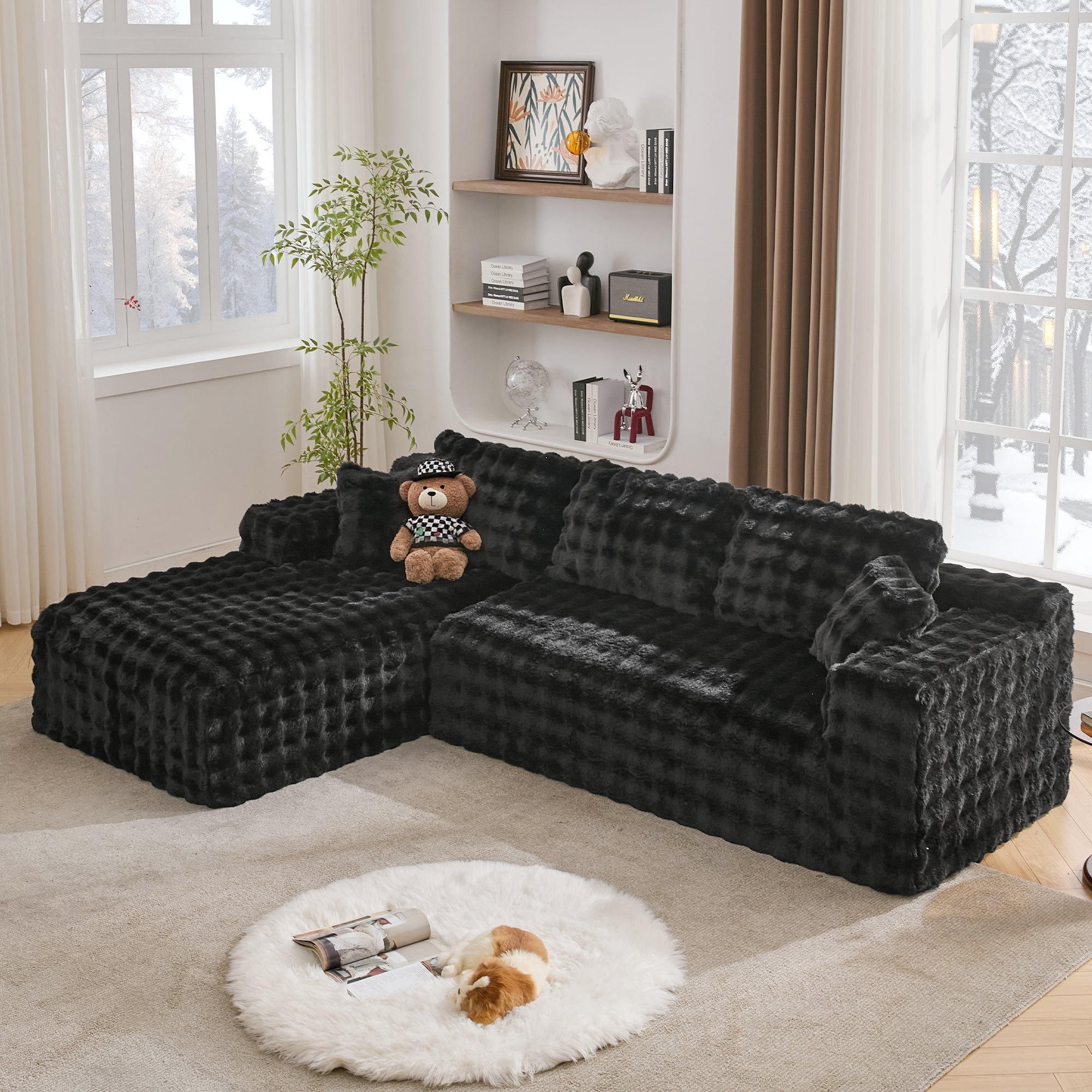 TYBOATLE 110’’ Boneless Slow-Rebound Memory Foam Couch, Cloud Sectional Couches for Living Room w/Upgraded Fabric, Deep Seat Comfy Fluffy L Shaped Modular Sectional Sofa (Black, Left Facing Chaise)