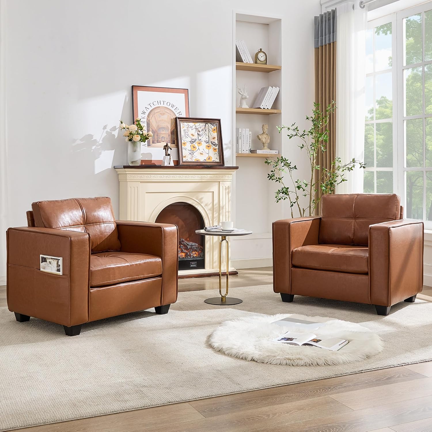 TYBOATLE Brown Faux Leather Accent Chair Set of 2, Comfy Living Room Chair Reading Oversized Accent Chairs Tufted Mid Century Modern Arm Chair, 38.58" Wide Armchair for Office Bedroom Lobby