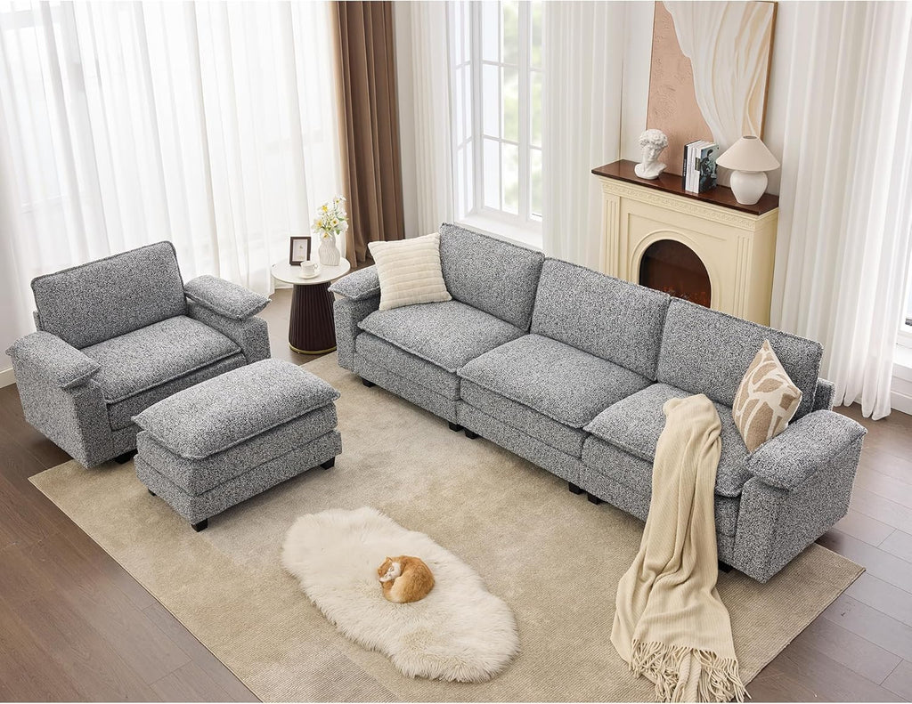TYBOATLE 122'' Sofa Set for Living Room, Premium Kapok Fiber Sectional Couch with Chairs & Ottoman, Comfy Cloud Couch w/Wider Armrest, Deep Seat Upholstered Modular Sofa for Appartment, Grey