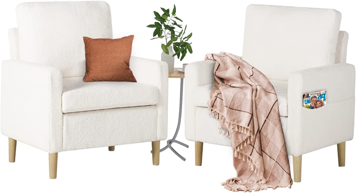 TYBOATLE Accent Chairs Set of 2, Modern Fabric Living Room Arm Chairs, Furry Cozy Upholstered w/Side Pocket, Comfy Waiting Room Chairs for Bedroom, Office, White