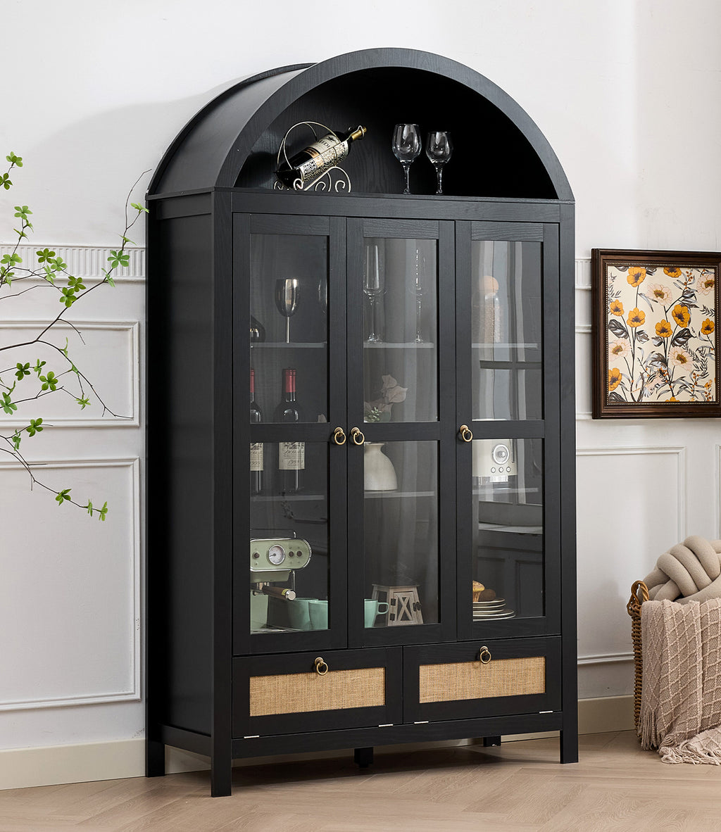 TYBOATLE 75'' Arched Cabinet Classic Farmhouse Design w/Three Glass Doors, Arch Cabinet w/Rattan Drawers and Anti-Tipping Device, Versatile Cupboard for Kitchen, Bathroom, Black