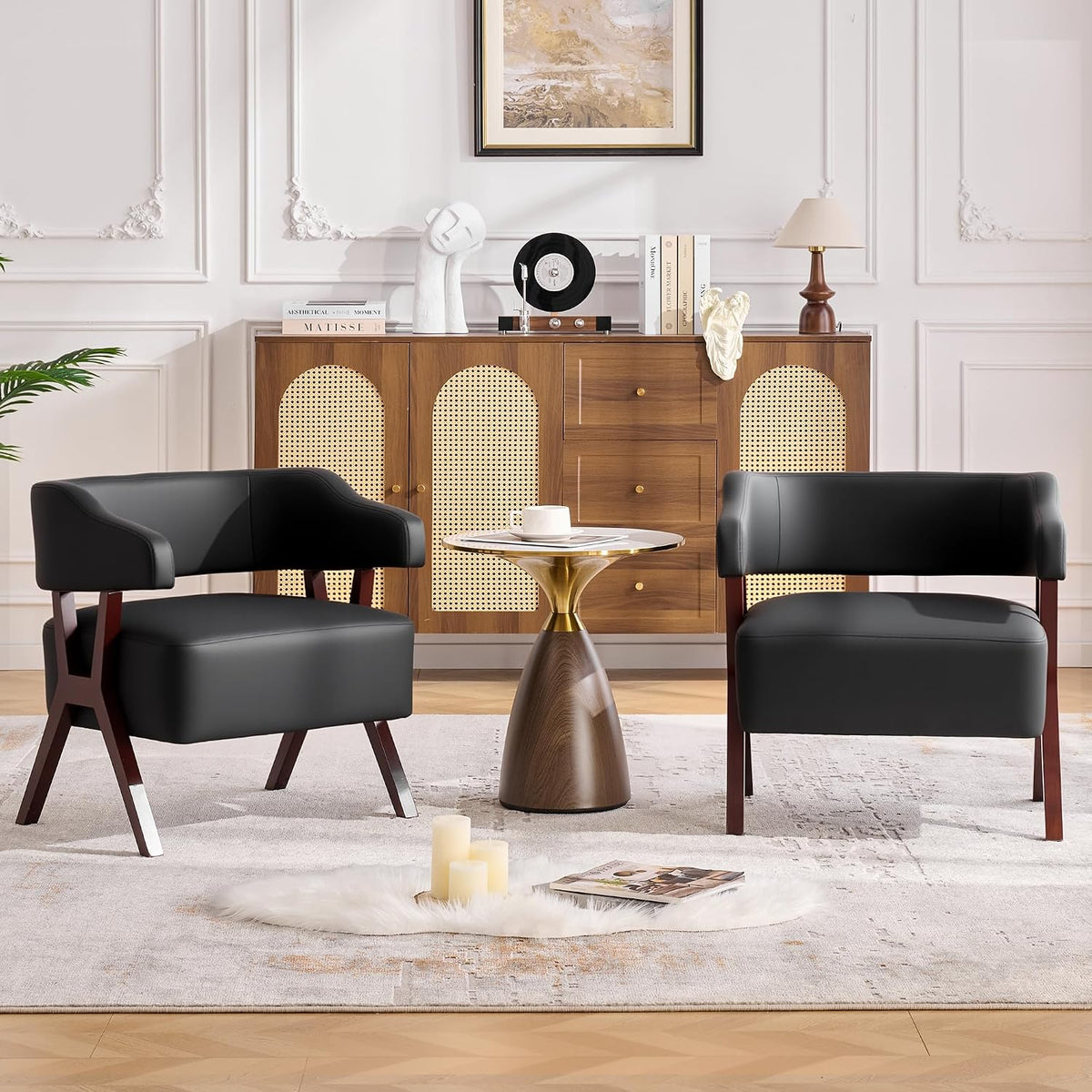 JIASTING Barrel Accent Chairs, Faux Leather Chair with Wood Frame (2, Black)