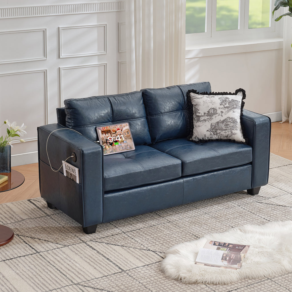 TYBOATLE 65" Blue Faux Leather Loveseat for Bedroom, Mid-Century Modern Tufted Comfy Loveseat w/USB Charging Ports and Wide Arms, 2 Seat Office Small Couch for Small Space