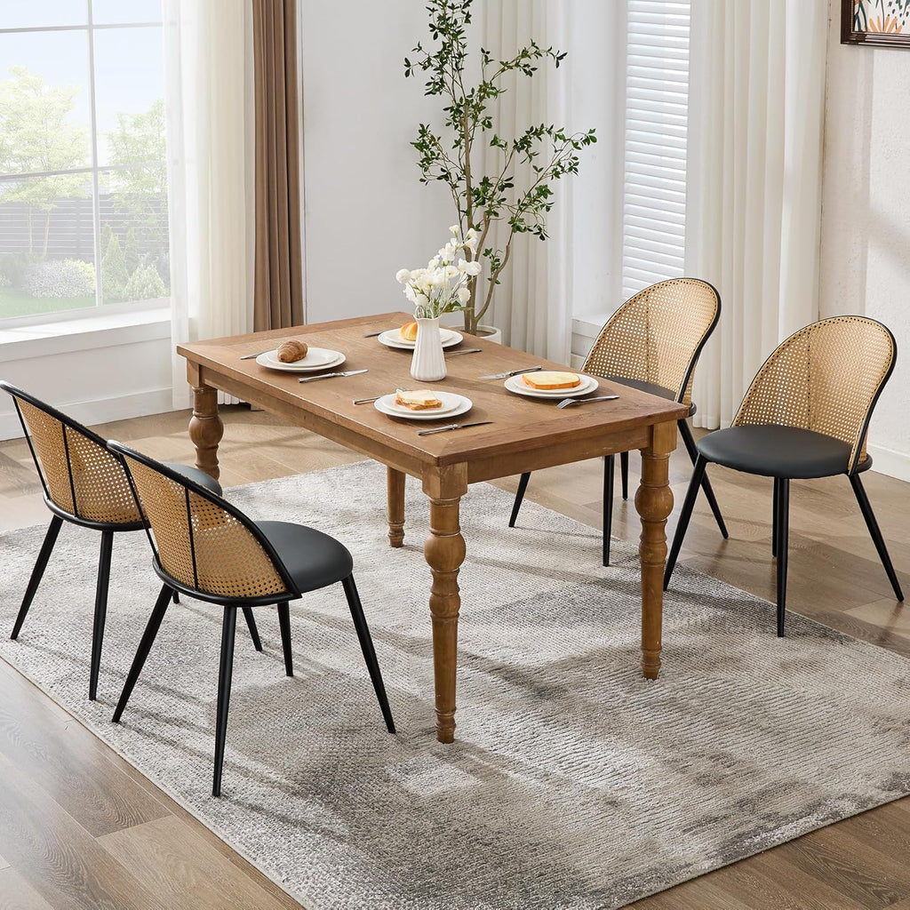 TYBOATLE Rattan Dinner Chairs Set of 4 with Faux Leather Cushion, Modern Dining Room Chairs w/Adjustable Foot Pads, Kitchen Boho Mid Century Upholstered, Black