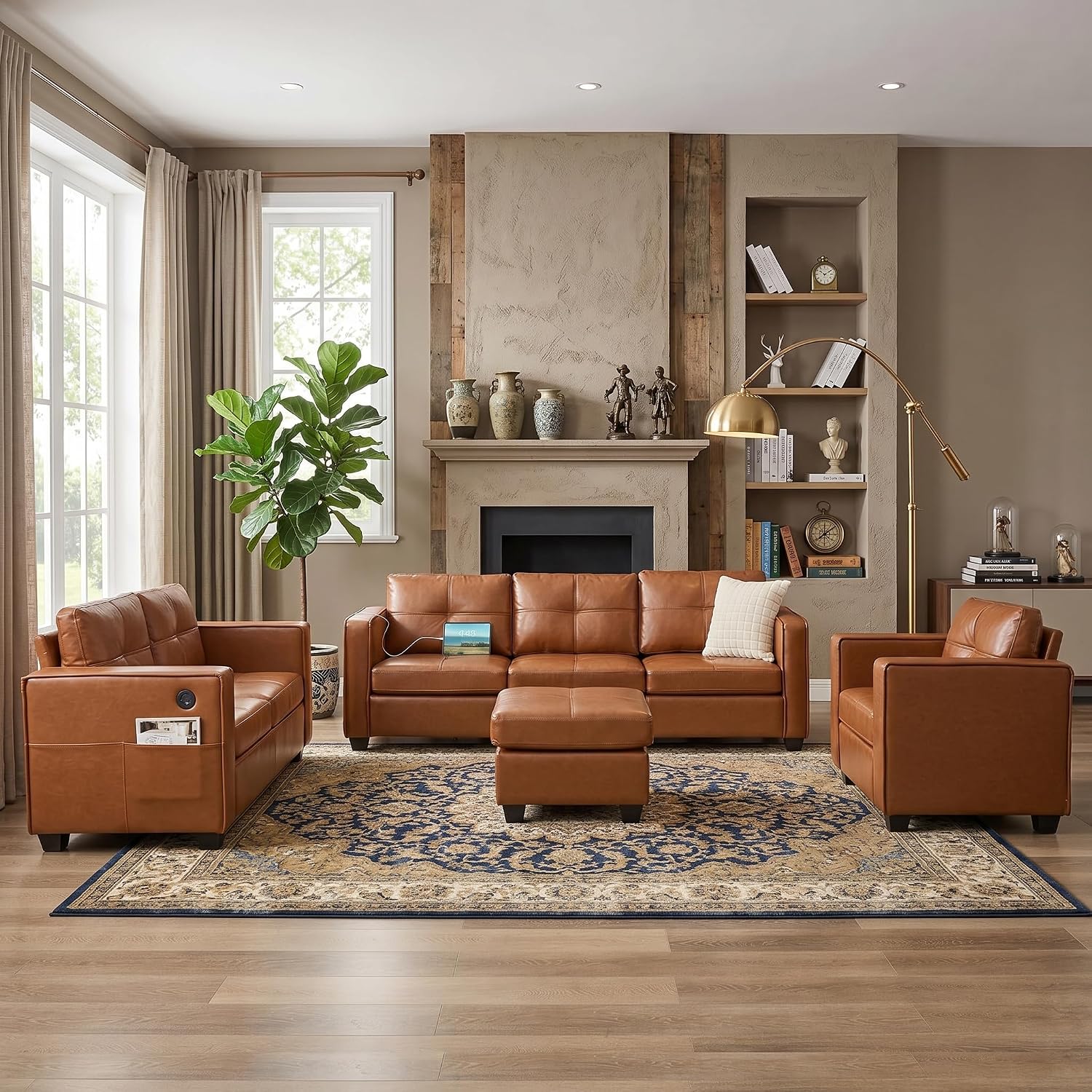 Faux Leather 4-Piece Sofa Set, Loveseat, Chair and Ottoman for Living Room | TYBOATLE, Brown Faux Leather, 3-Seater Couch, 2-Seater Loveseat, Oversized Chair, Ottoman, USB Charging, Side Pockets