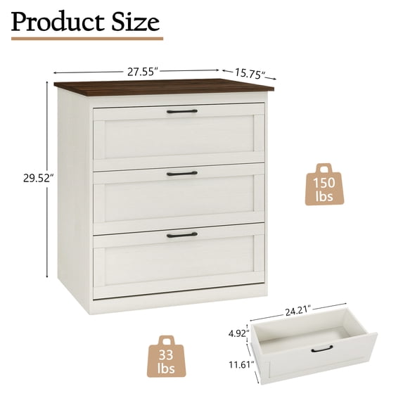 LAZZO 3-Drawer Dresser, Farmhouse Rustic Wood Chest of Drawers, Wide Storage Organizer for Bedroom, Living Room, Entryway, White