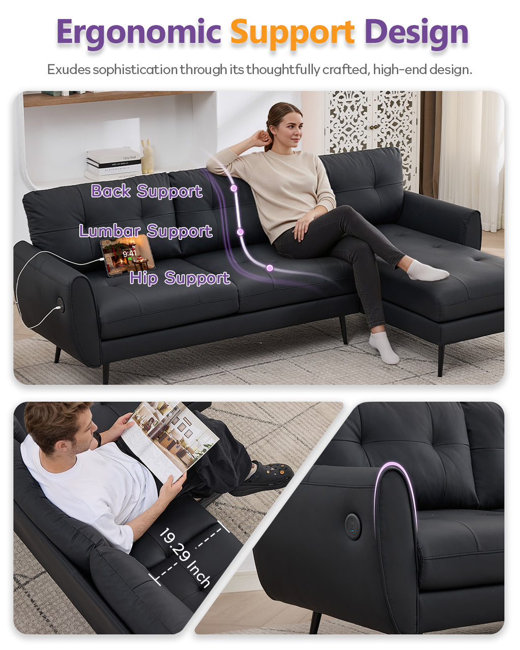 TYBOATLE 3 Seat L Shaped Leather Sectional Couches for Living Room, Faux Leather Couch w/USB & Type-C Charging Port, Small Sectional Sofa w/Deep-Seat Chaise (Black)