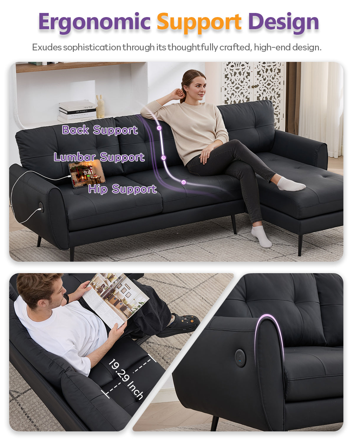 TYBOATLE 3 Seat L Shaped Leather Sectional Couches for Living Room, Faux Leather Couch w/USB & Type-C Charging Port, Small Sectional Sofa w/Deep-Seat Chaise (Black)