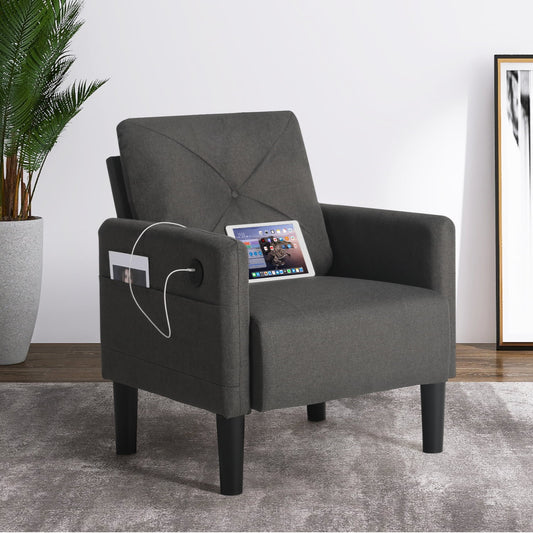 Upholstered Linen Armchair Sofa Chair w/USB Grey