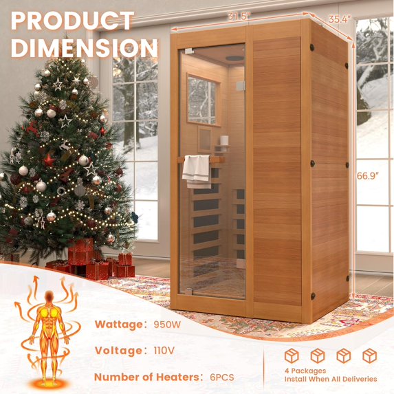 LAZZO 1-Person Infrared Sauna, Full Spectrum Indoor Dry Sauna with Carbon Heaters, Red Light, Bluetooth and 8-Color Chromotherapy, 950W 110V