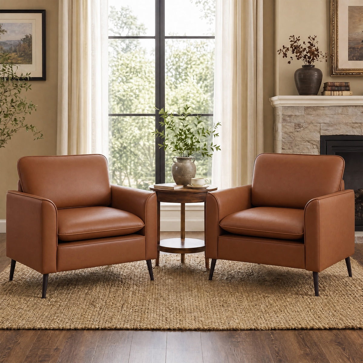 TYBOATLE Accent Chairs Set of 2, Faux Leather Arm Chairs (Warm Brown, 2)