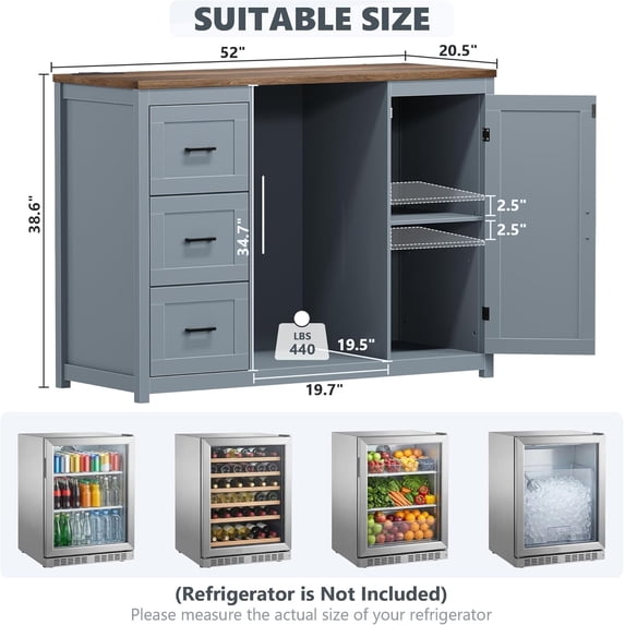 LAZZO Bar Cabinet with Mini Fridge Space, 52" Storage Cabinet with Power Outlet, Drawer and Adjustable Shelves for Kitchen and Dining Room