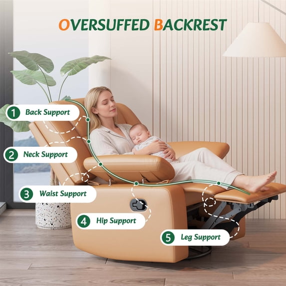 LAZZO Recliner Chair with Adjustable Armrest and Headrest, Upholstered Swivel Rocking Chair for Nursery & Living Room, Brown