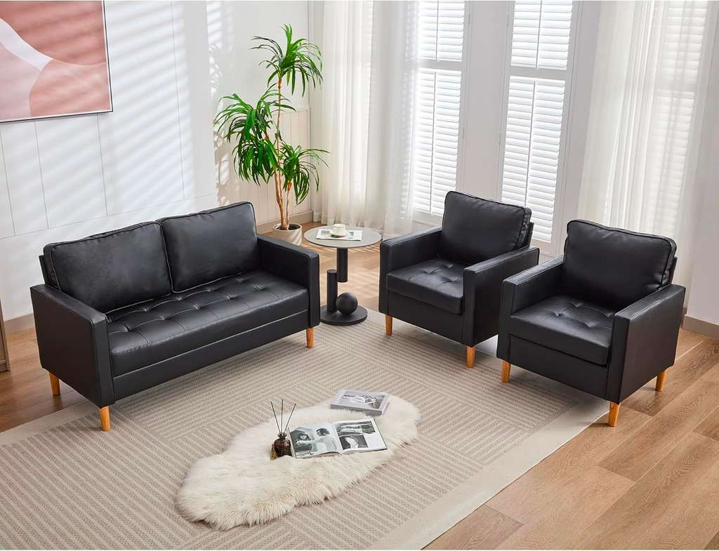 TYBOATLE 57" Small Black Faux Leather Sofa Couches, 3 Piece Living Room Set, Mid-Century Modern Tufted Comfy Loveseat, 2 Seater Office Couch Love Seat for Small Space Bedroom Drom Apartment