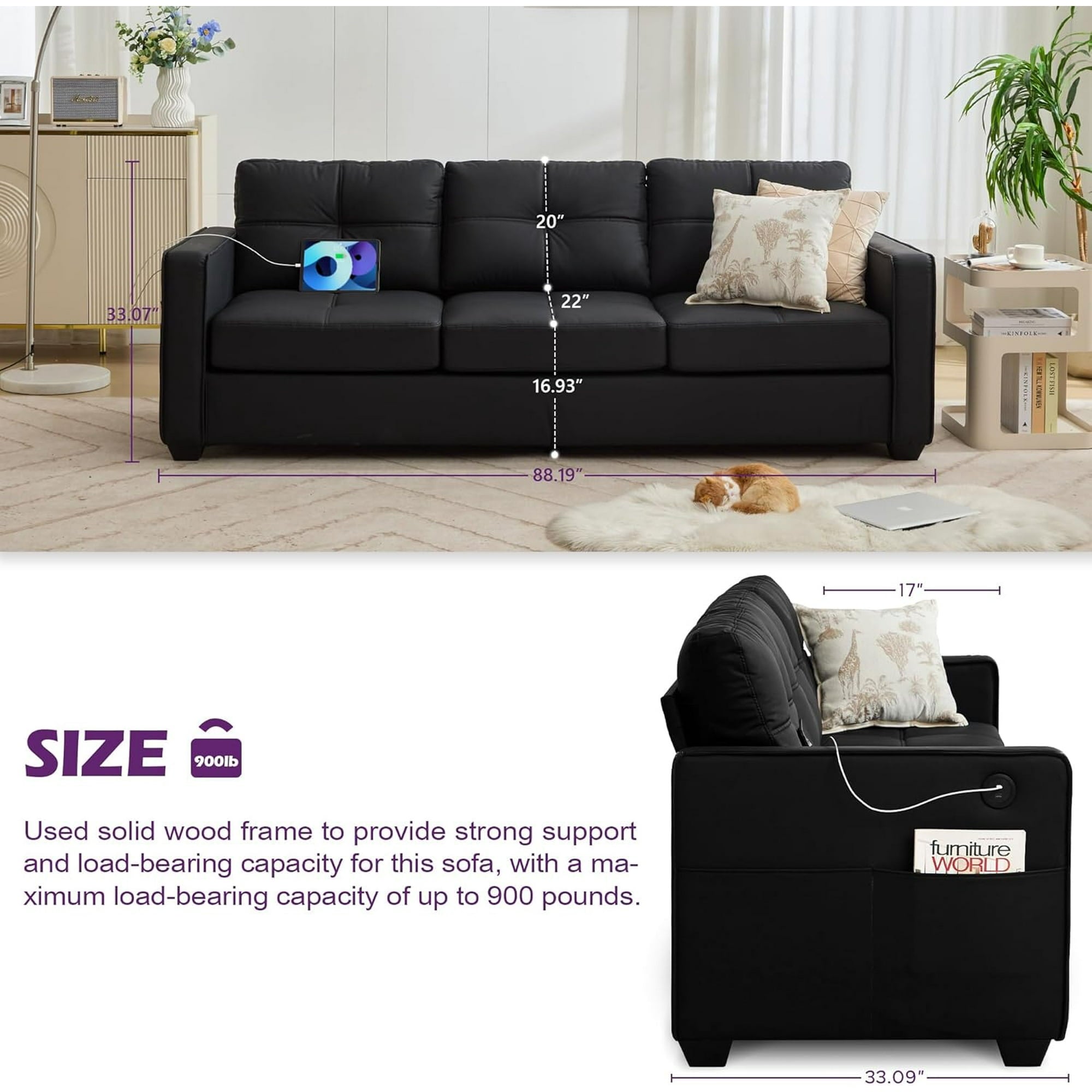 LAZZO 80" Couch with USB Ports and Side Pockets, 3-Seater Faux Leather Sofa for Living Room and Office, Black