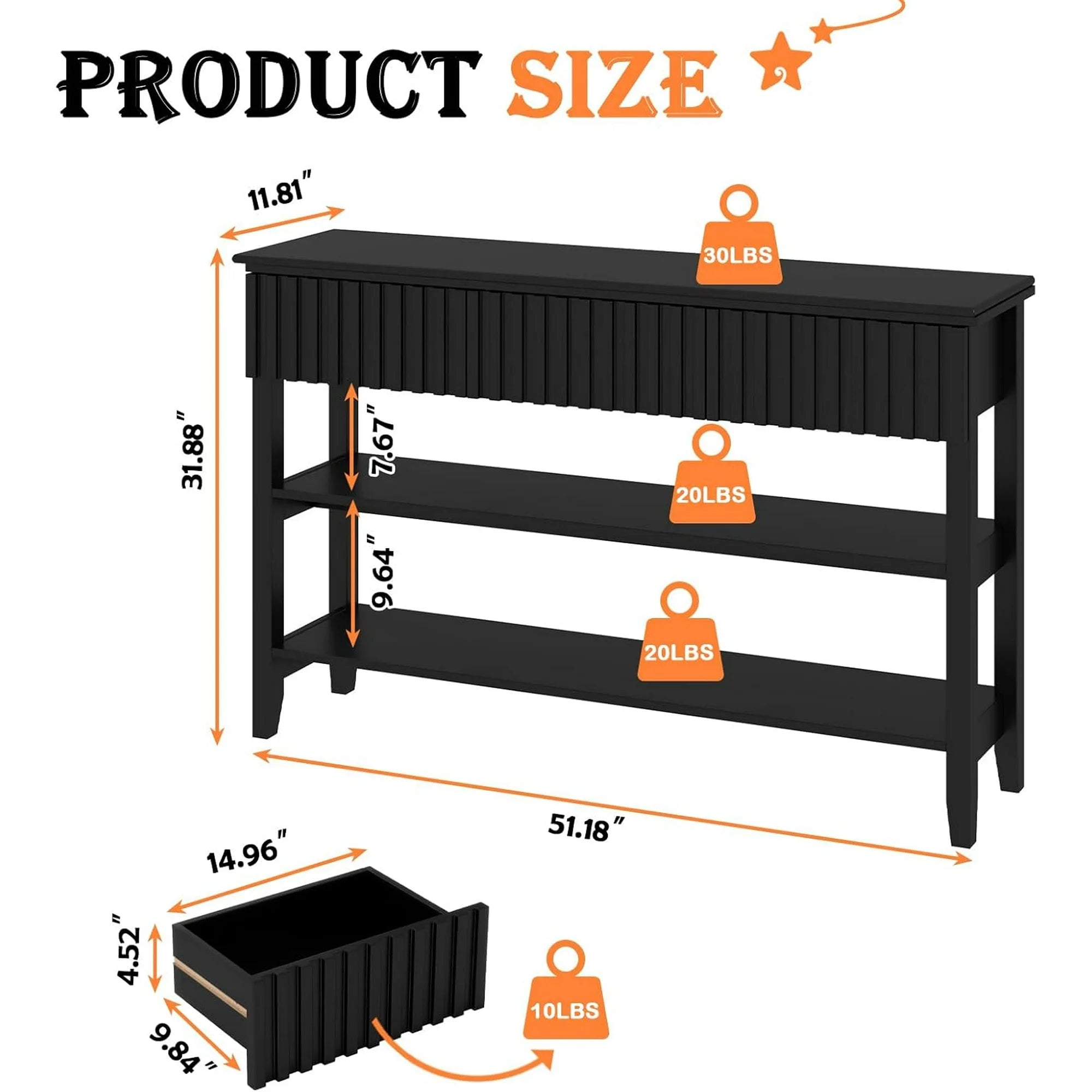 LAZZO Modern Fluted Console Table, Narrow Long Behind Couch Sofa Entryway Table with 3 Drawers & 2-Tier Open Shelf, Black