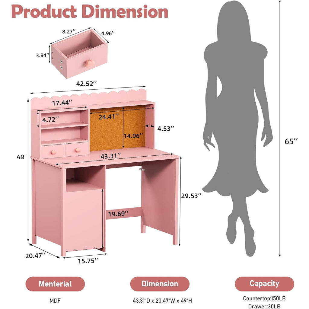 LAZZO 43" Wooden Writing Desk, Study Desk with Hutch and Cork Board for Students, Homework, Reading and Drawing, Pink