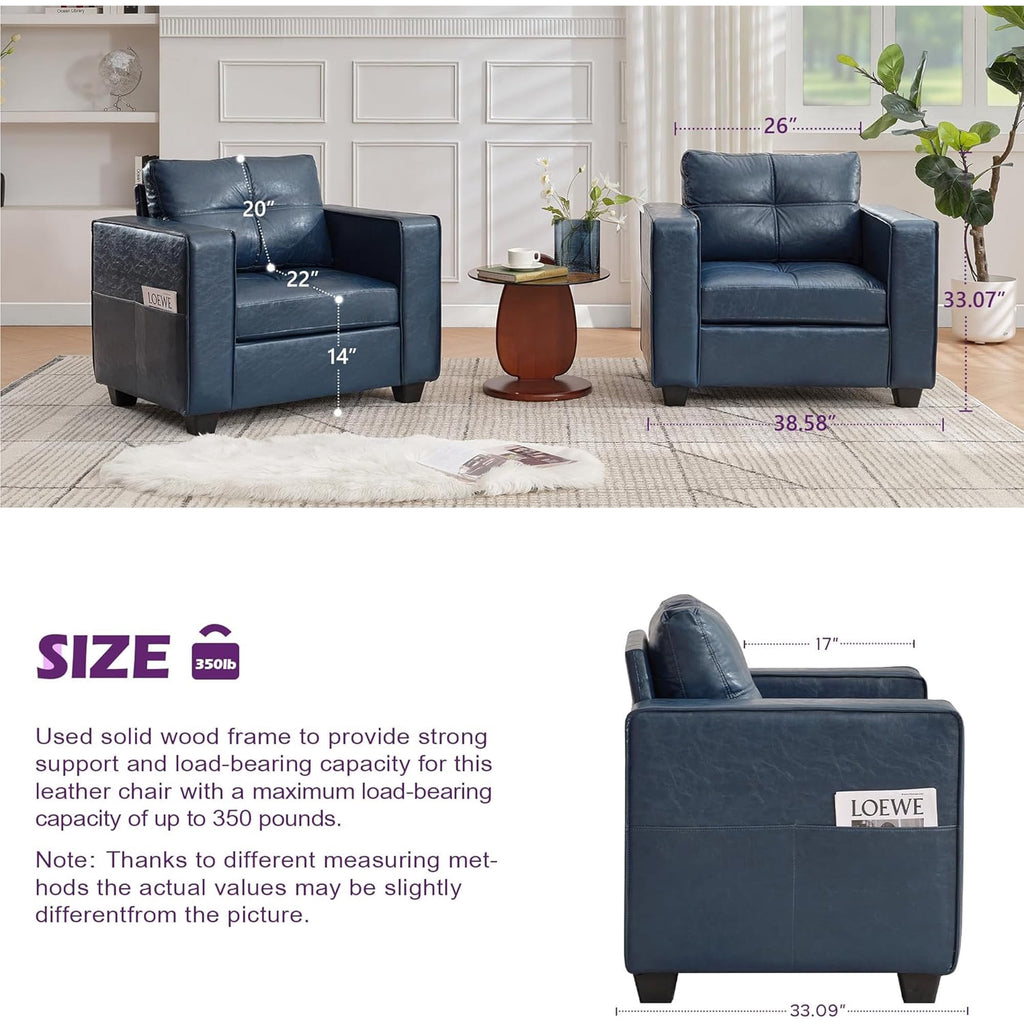 LAZZO Mid-Century Modern Tufted Accent Chair, Oversized Comfy Faux Leather Armchair with Wide Arms for Living Room Bedroom Office Lobby, Blue