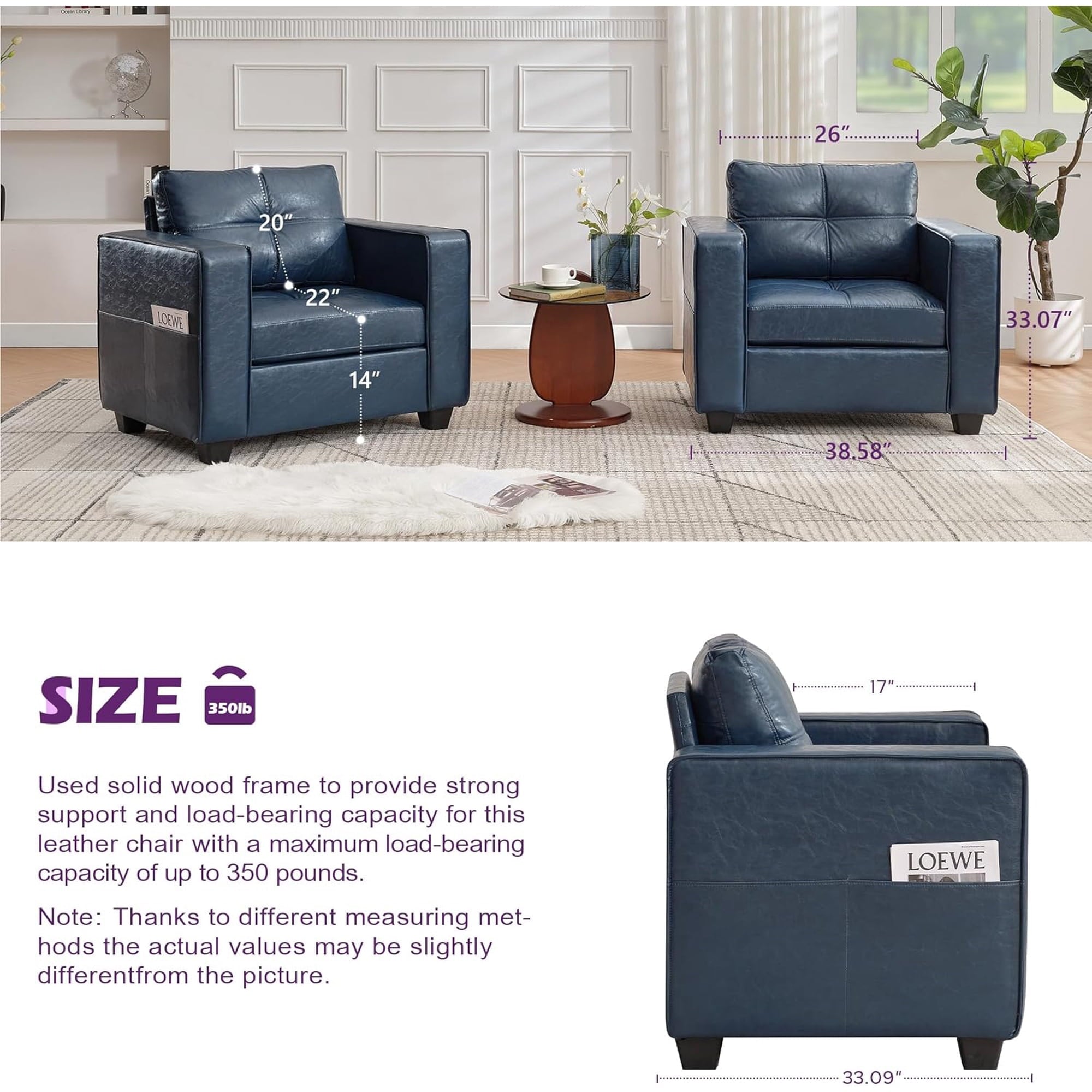 LAZZO Mid-Century Modern Tufted Accent Chair, Oversized Comfy Faux Leather Armchair with Wide Arms for Living Room Bedroom Office Lobby, Blue