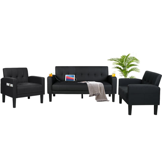 AILEEKISS 3 Piece Living Room Sofa Set 62"W Loveseat Sofas Sets with 2 USB,Cup Holders,Side Pocket, Modern Leather 3 Pcs Sectional Couches Set for Apartment,Office,Bedroom(Black, 2-Seat+1-Seat+1-Seat)