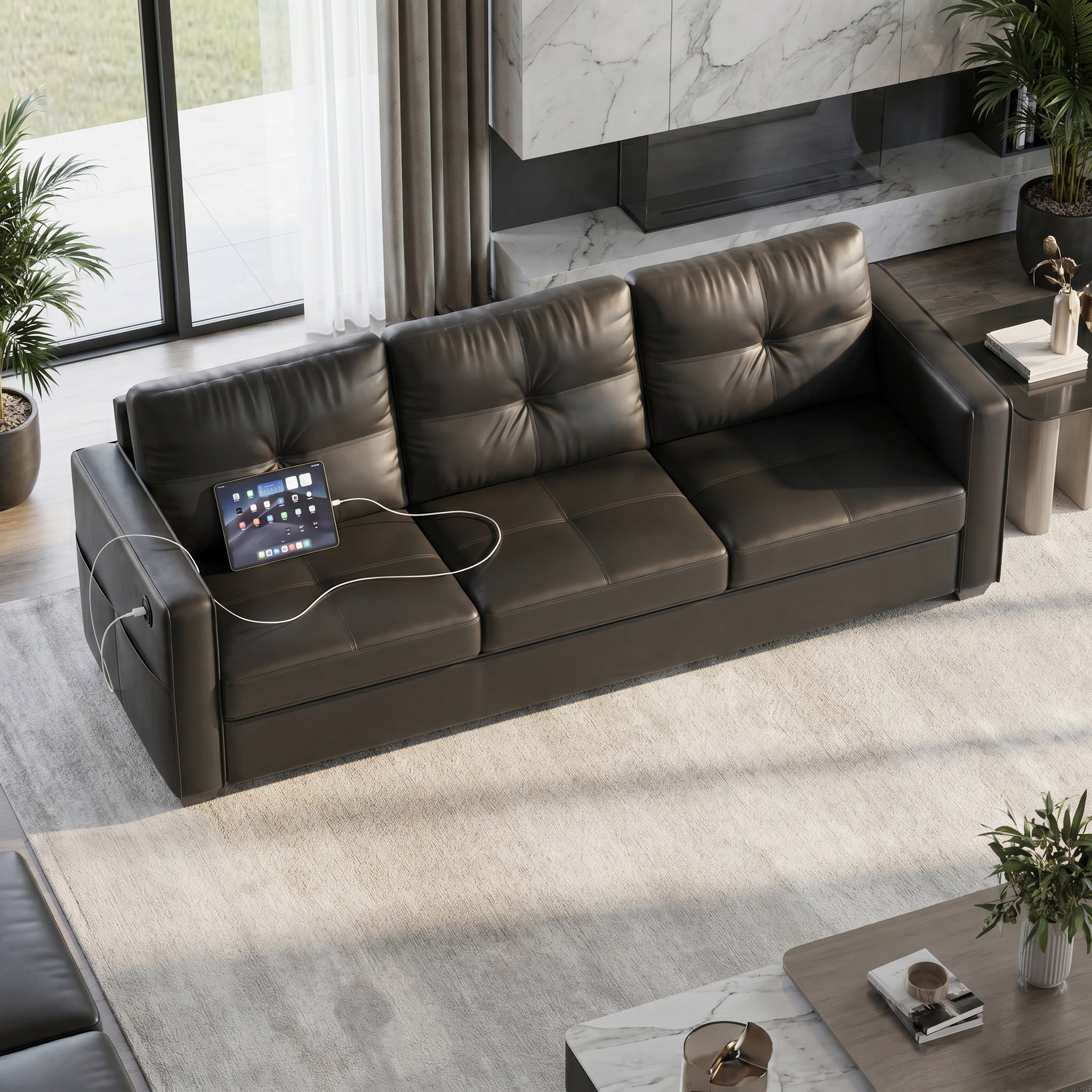 88" Faux Leather Couch w/USB Charging, 3-Seater Leather Living Room Sofa