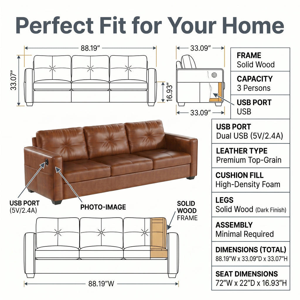 CHYMSUN  88" Faux Leather Couch w/USB Charging, 3-Seater Leather Living Room Sofa