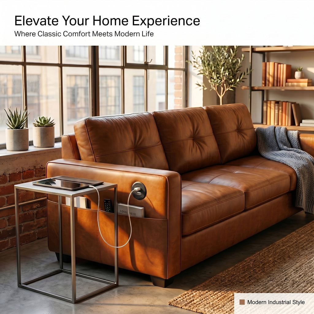 CHYMSUN  88" Faux Leather Couch w/USB Charging, 3-Seater Leather Living Room Sofa