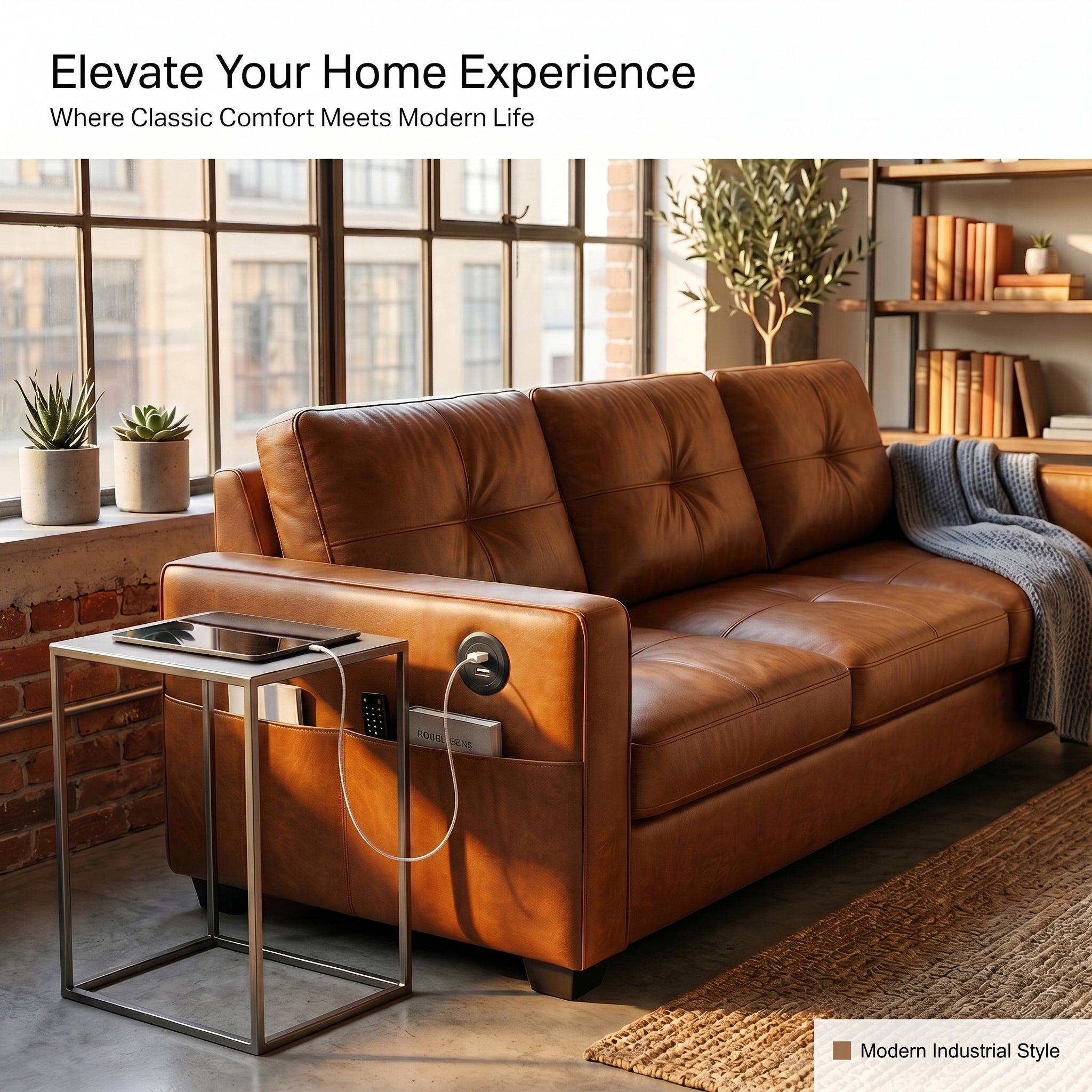 CHYMSUN  88" Faux Leather Couch w/USB Charging, 3-Seater Leather Living Room Sofa