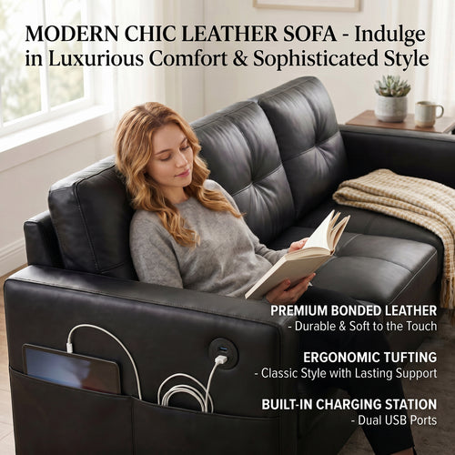 88" Faux Leather Couch w/USB Charging, 3-Seater Leather Living Room Sofa