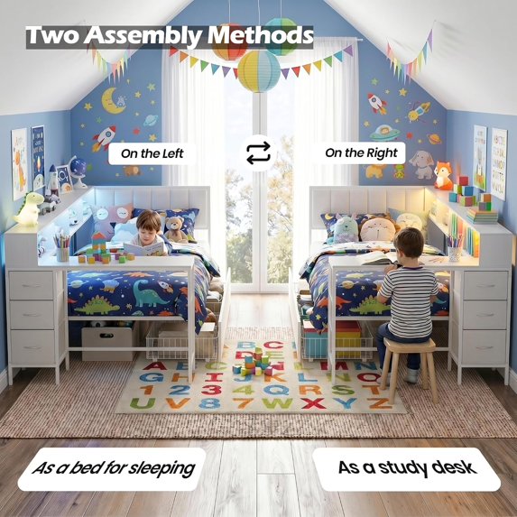 LAZZO Twin Corner Bed Frame with Storage,Twin Size Bed Frame with LED Lights and Charging Station, Daybed Frame with Upholstered Headboard, White