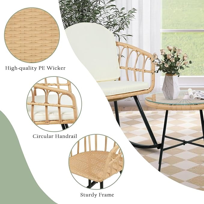 LAZZO 3 Pieces Outdoor Rocking Chairs Set, Patio Wicker Rattan Bistro Set with Cushions for Balcony Garden Porch