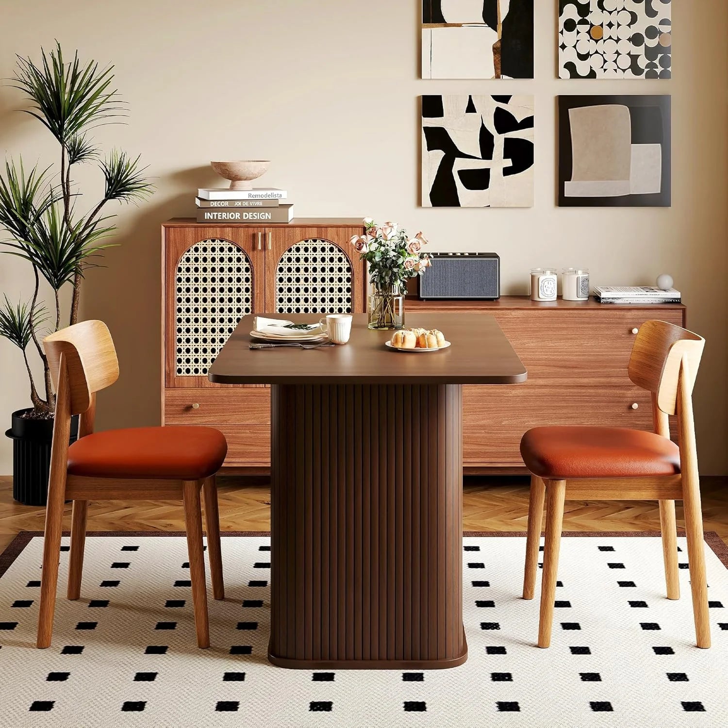 LAZZO 43.3" Dining Table for 4 People, Small Rectangular Kitchen Table with 3-Tier Storage Shelf, Modern Farmhouse Fluted Wood Table for Dining Room, Walnut