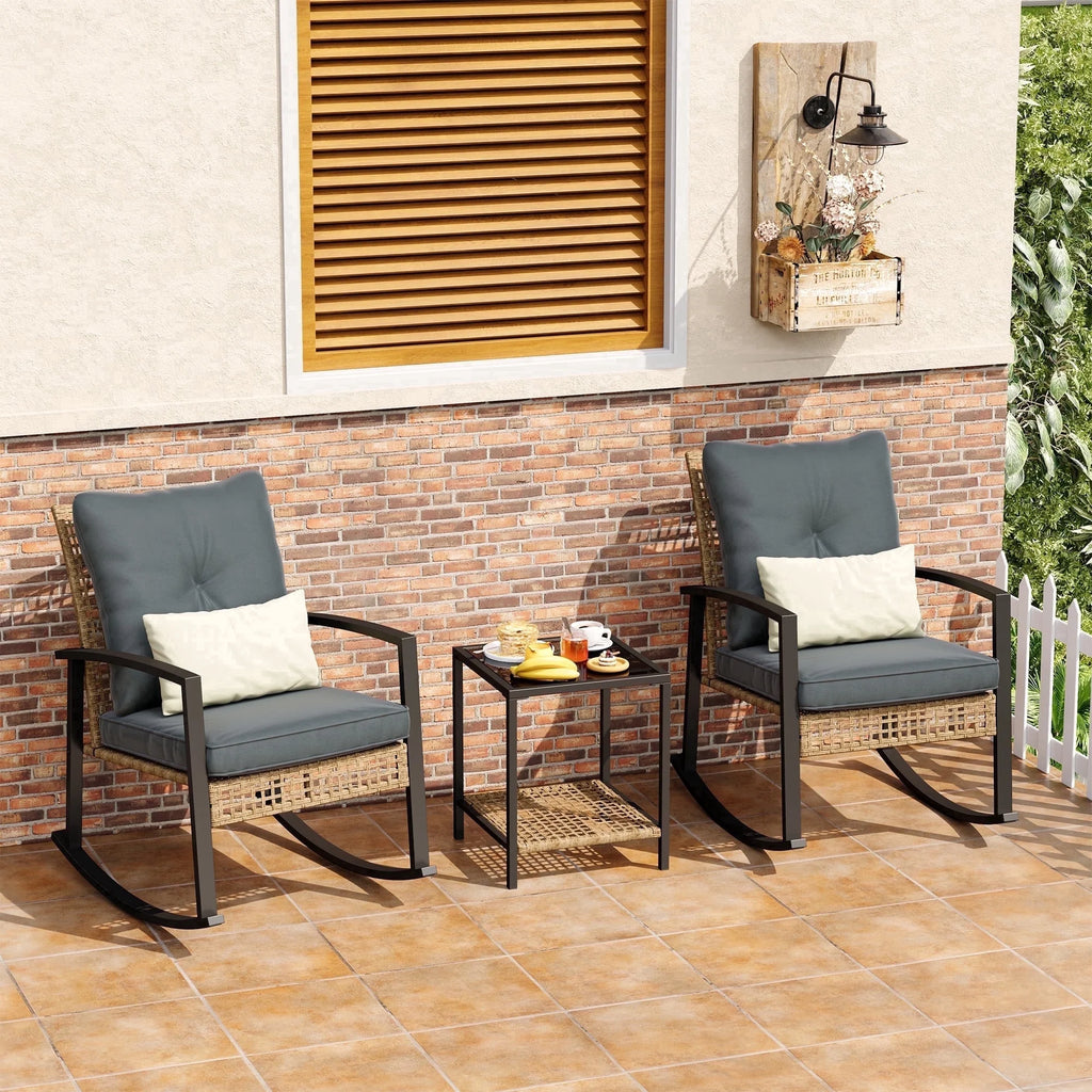 LAZZO 3 Pieces Patio Outdoor Conversation Set with Lumbar Pillows and Coffee Table, PE Wicker Rocking Chairs with Gray Cushions