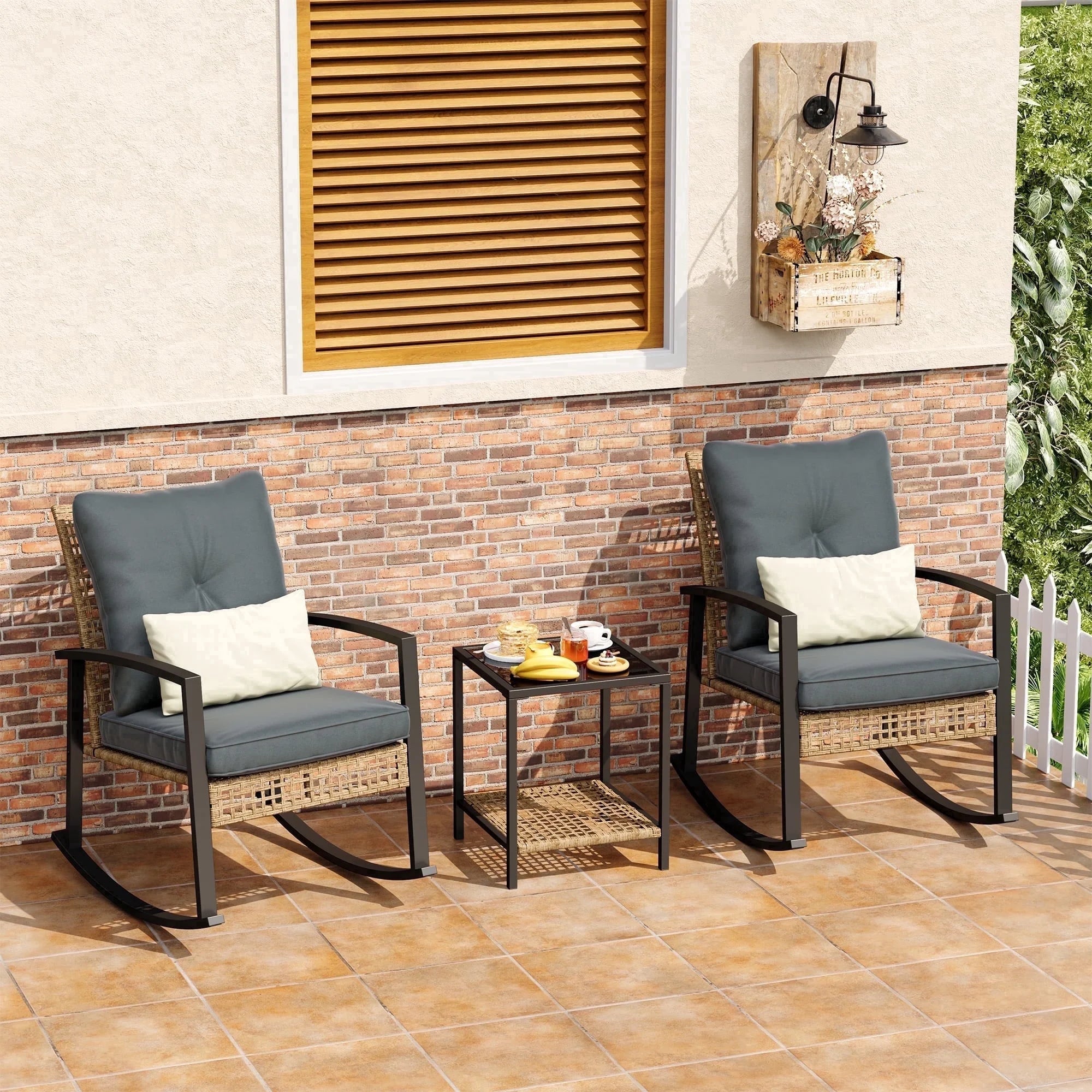 LAZZO 3 Pieces Patio Outdoor Conversation Set with Lumbar Pillows and Coffee Table, PE Wicker Rocking Chairs with Gray Cushions