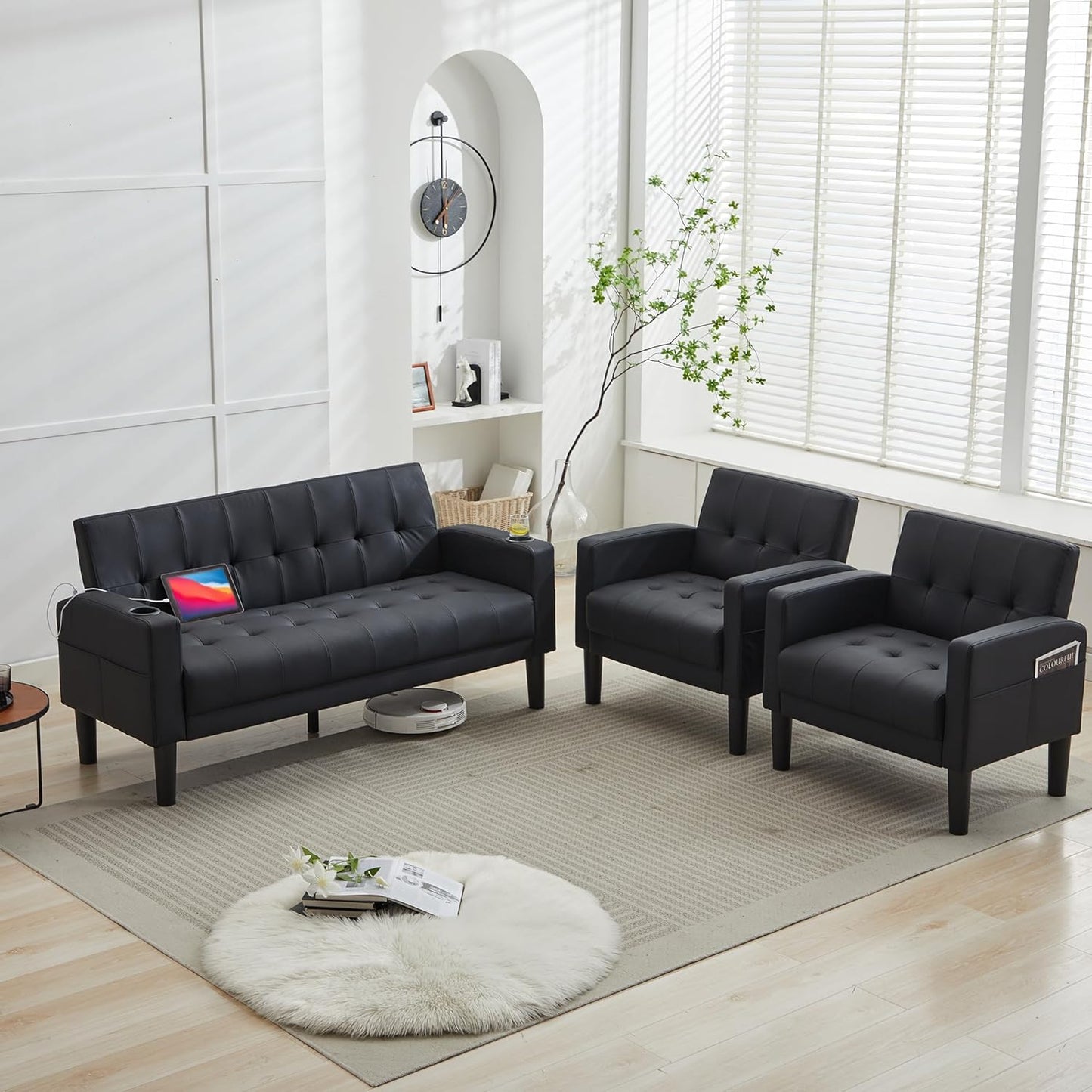 TYBOATLE Sofa Couch 62" W Loveseat w/ 2 USB Charger Ports & 2 Cupholders, Mid-Century Modern Tufted Small Love Seat Couches for Office,Compact Living Room,Bedroom,Apartment,Dorm (Black) (3, Black)