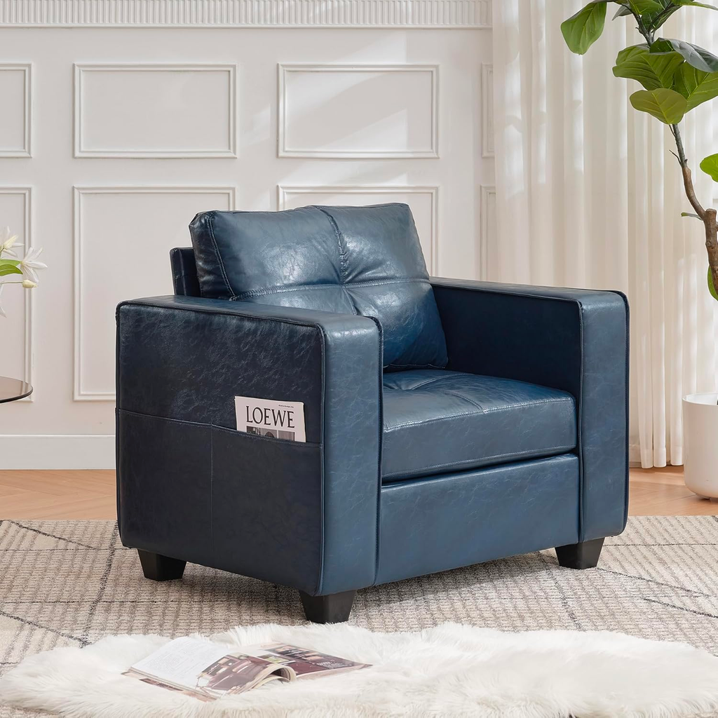 TYBOATLE Leather Chairs w/Side Pockets, Comfy Blue Faux Leather Accent Chair, Oversized Chairs w/Tufted Design, Mid Century Modern Reading Chair, Wider Armchair for Office, Bedroom, Lobby (1, Blue)