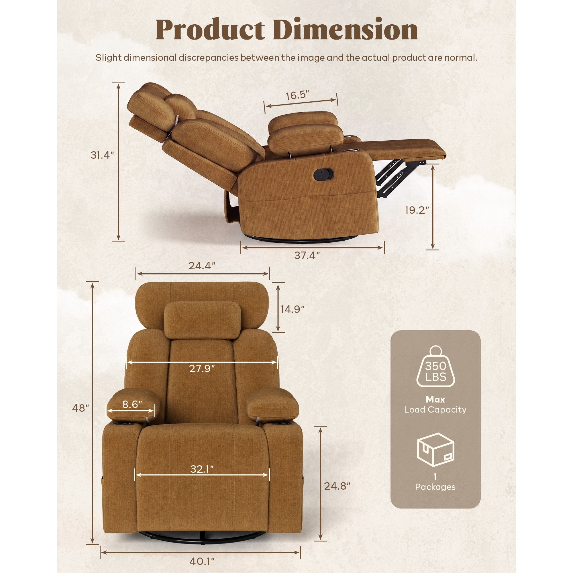 LAZZO Nursery Recliner Chair, 360° Swivel Rocking Glider with Adjustable Headrest, Armrests, Footrest, Cup Holder and Lumbar Pillow, Brown