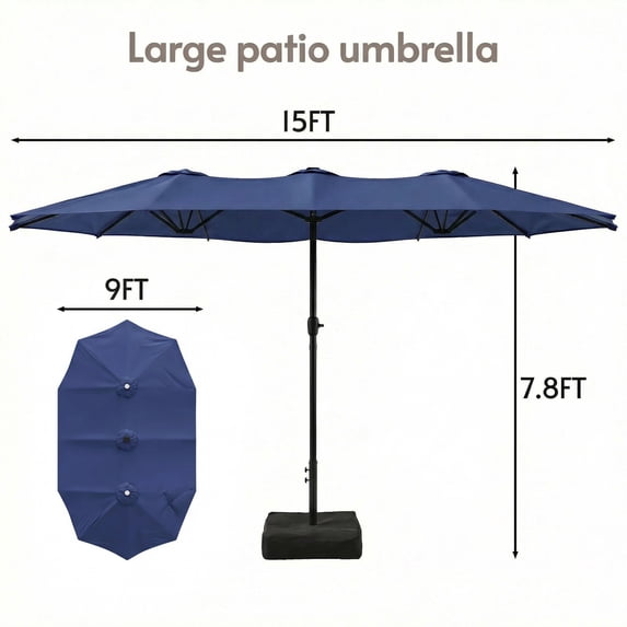 LAZZO 15ft Large Patio Umbrella with Base and Lights, Double-Sided Rectangular Outdoor Deck Umbrella, Blue