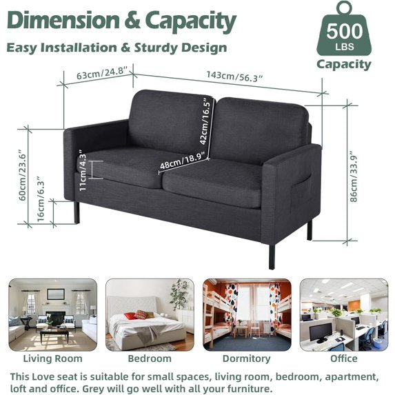 LAZZO 56" Linen Fabric Loveseat, 2-Seater Sofa with USB Charging Ports and Side Pockets for Living Room, Bedroom and Office, Dark Gray