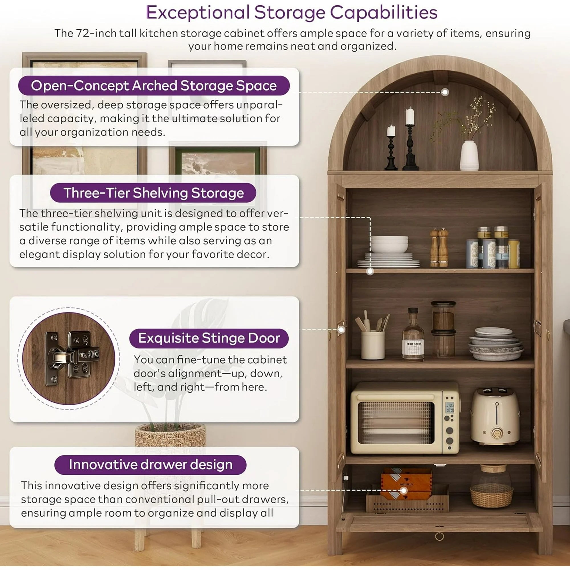 LAZZO 71" Tall Arched Pantry Cabinet with Glass Door & Drawer, Storage Cupboard with Anti-Tipping Device, Natural Wood Color