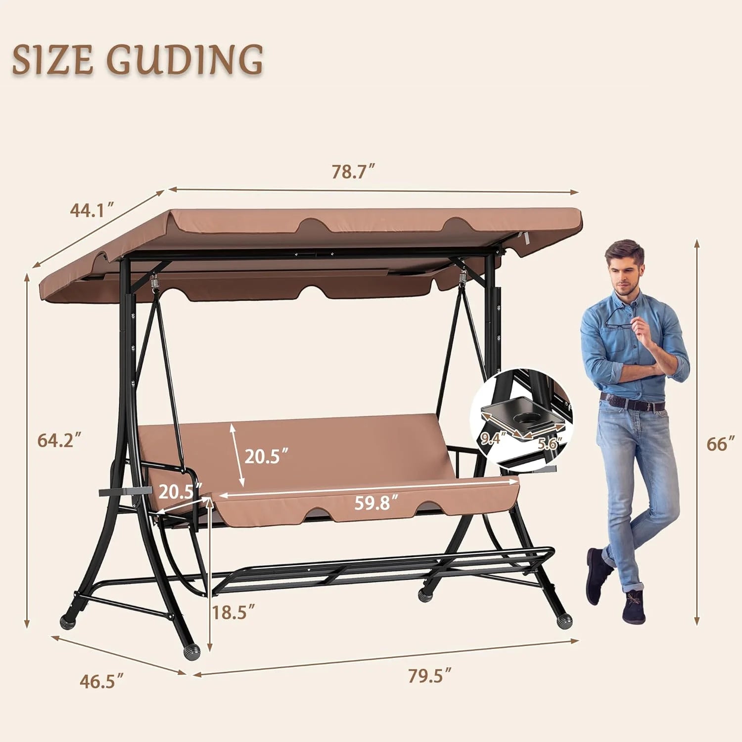 LAZZO 3-Seat Outdoor Porch Swing with Stand and Footrest, Reclining Lounge Bed Convertible, Adjustable Canopy & Removable Cushions, Brown