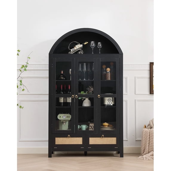 LAZZO 75" Arched Pantry Cabinet with Glass Doors, Rattan Drawers and Anti-Tipping Storage Cupboard for Kitchen and Living Room, Black