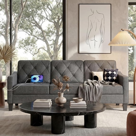 LAZZO 83" 3-Seater Couch, Linen Fabric Tufted Design with High-Resilience Foam for Living Room and Office, Gray
