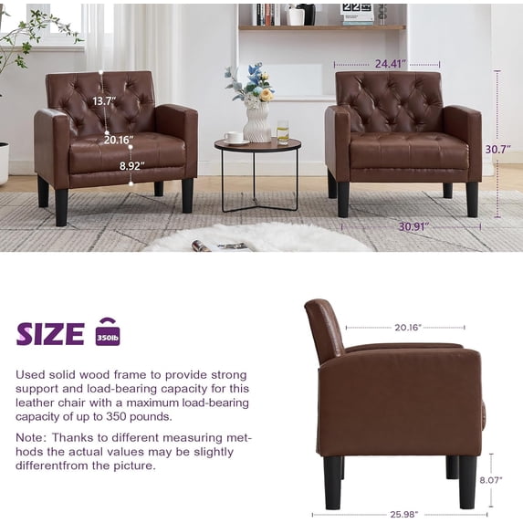 LAZZO Accent Chair Set of 2, Mid-Century Modern Leather Tufted Armchairs for Living Room and Office, Brown
