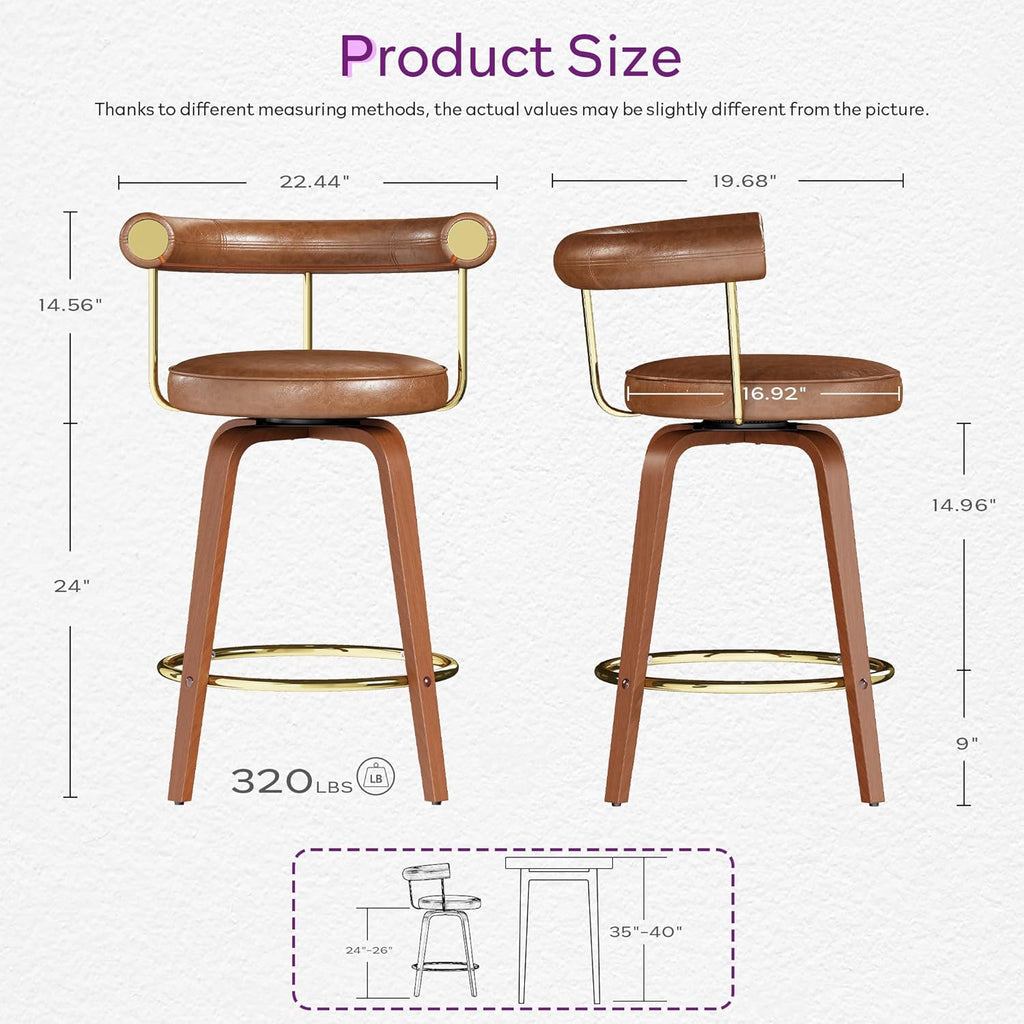 TYBOATLE Swivel Bar Stools Set of 2, Counter Height Bar Stools with Bent Wood Legs and Back, Mid-Century Modern Faux Leather Island Bar Chairs Barstools for Kitchen (2, Brown)