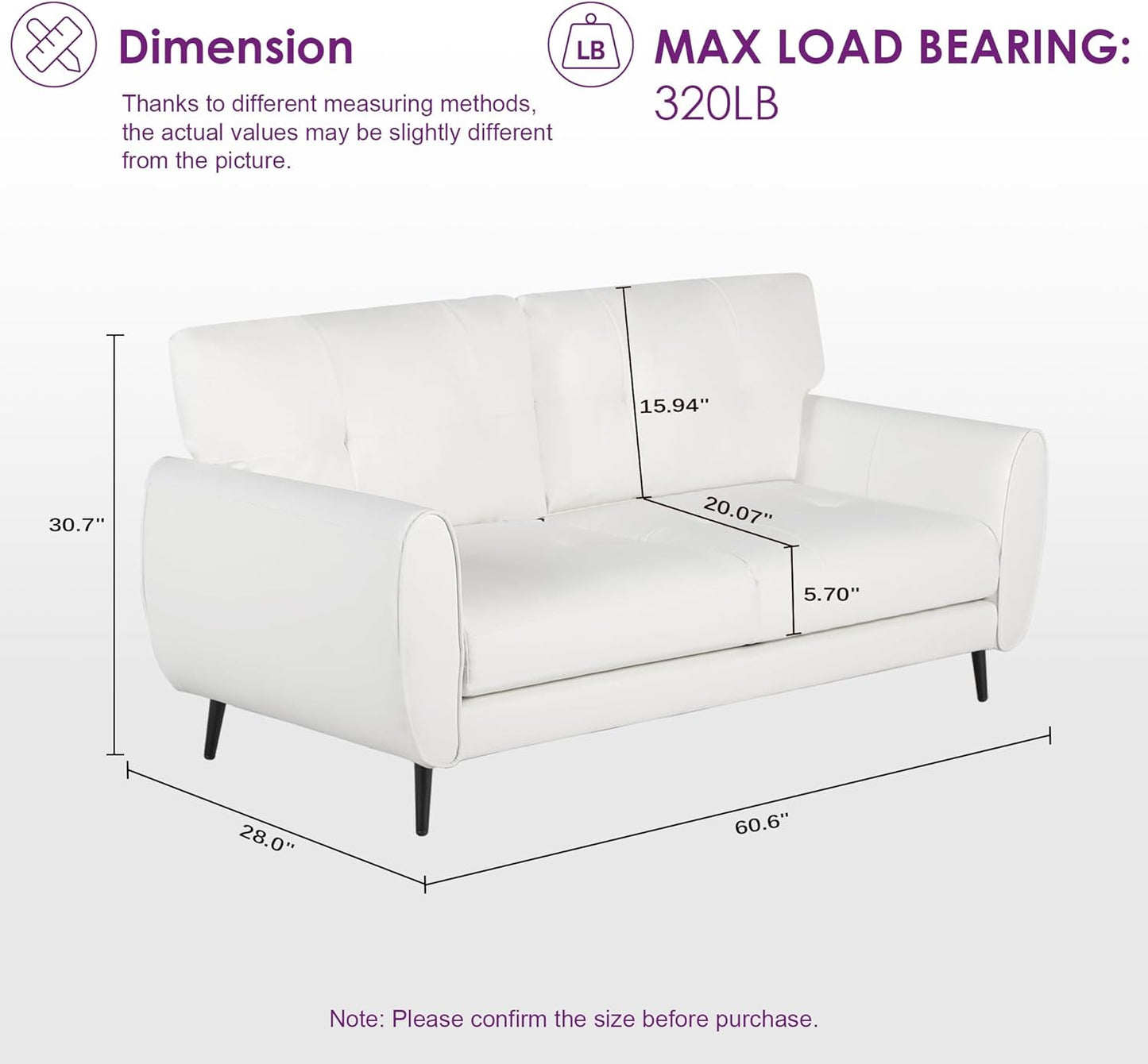 Sofa Couch 61" Small Loveseat Couches for Living Room White Leather Couch Mid Century Modern Tufted Mini Sofa Comfy Office 2 Seat Settee Love Seat Small Couches for Small Spaces Bedroom (3, White)