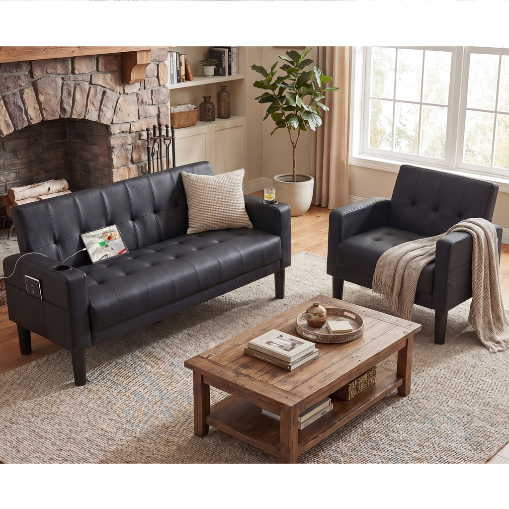 TYBOATLE Leather Couch and Chair Set, Living Room Furniture Set with USB & Type-C Ports, Black Loveseat Sofa and Matching Chair with Cup Holders, Modern Sofa Set for Apartment, Bedroom, Office