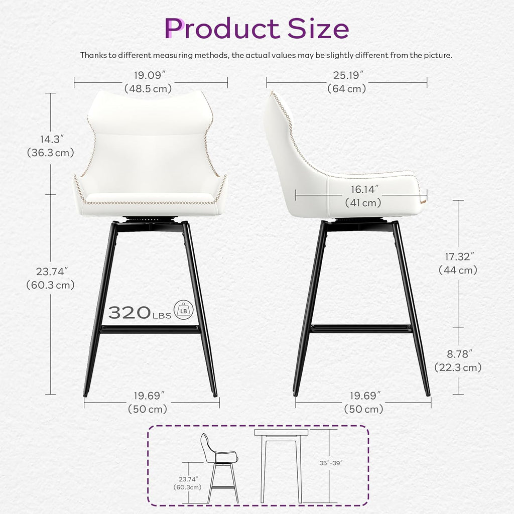 TYBOATLE 26” High Back Leather Swivel Bar Stools Set of 2, Counter Height Bar Stools with Metal Legs, Height-Adjustable Upholstered Faux Leather Barstools for Kitchen Counter, White